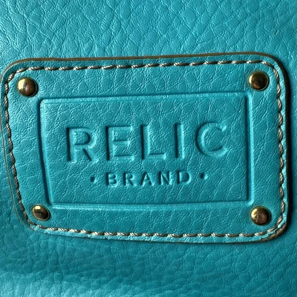 RELIC TURQUOISE SHOULDER STRAP‎ PURSE TAN STITCHING LINED SNAP CLOSE POCKETS - Picture 9 of 13